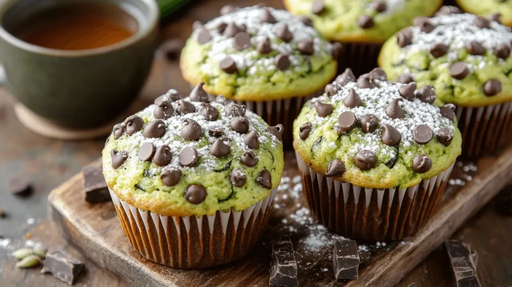 Close-up of freshly baked chocolate courgette muffins with chocolate chips, soft crumb, and a light dusting of powdered sugar.