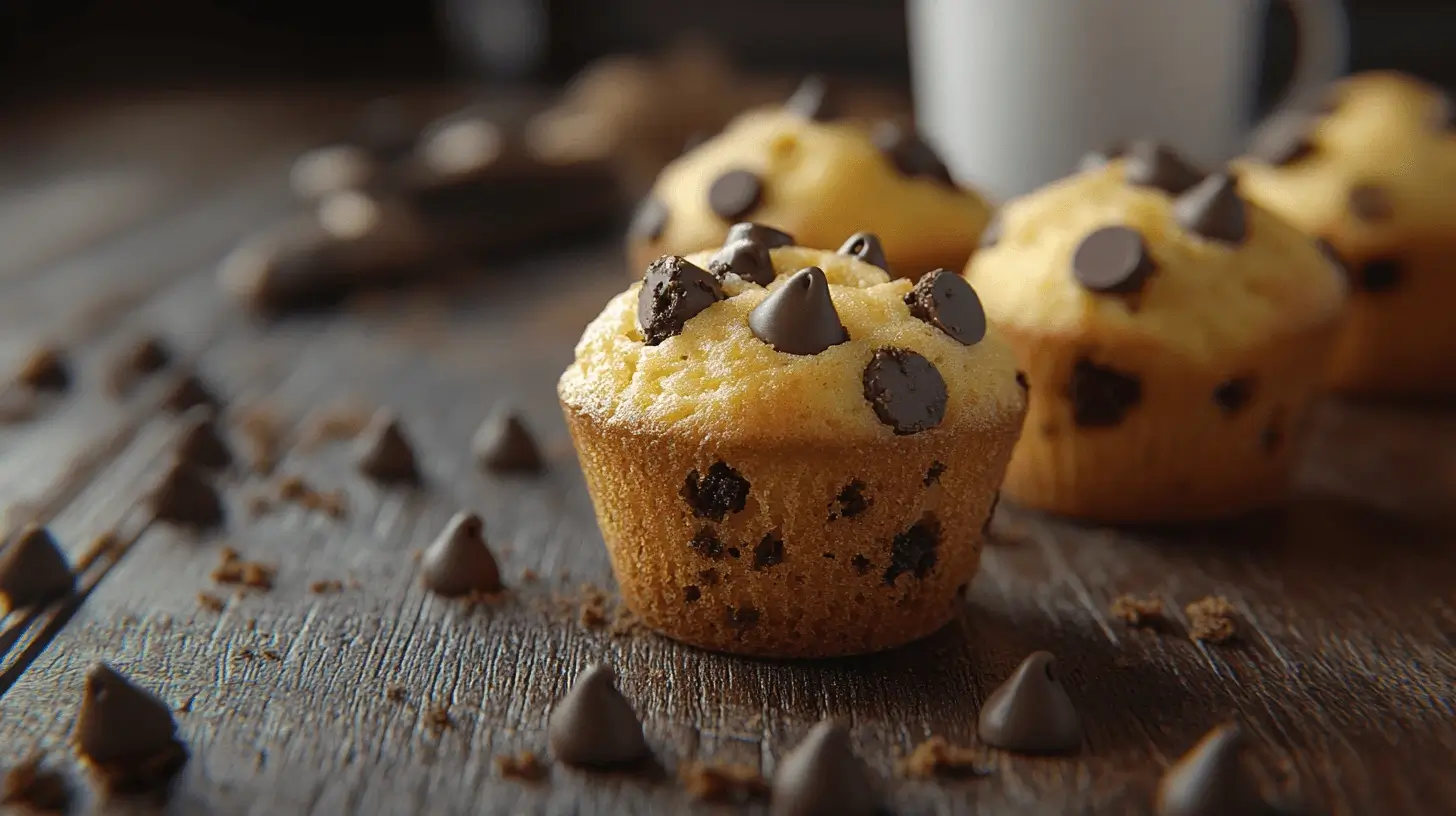 Freshly baked Mini Chocolate Chip Muffins with melting chocolate chips, arranged on a rustic wooden table.