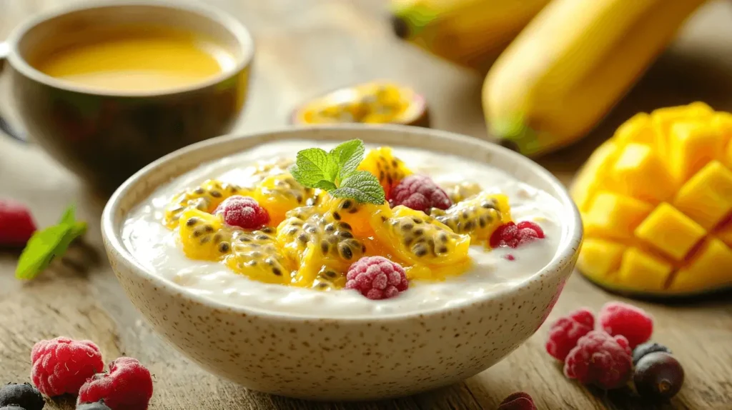 Delicious passion fruit recipe served in a bowl with fresh passion fruit pulp, seeds, and tropical garnishes.