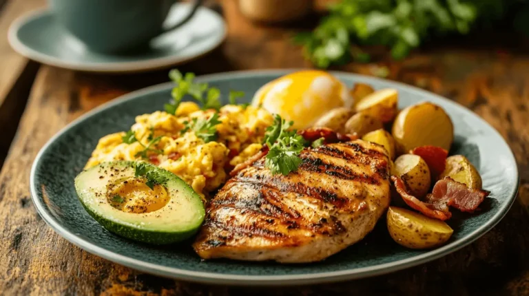 Recipe card for chicken breakfast featuring a detailed list of ingredients, instructions, and nutritional information.