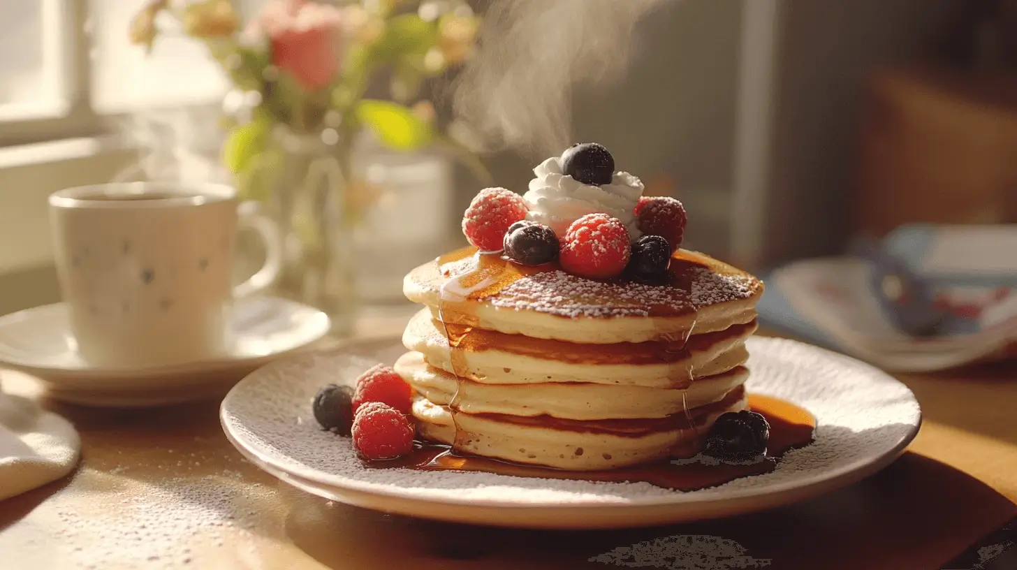 Delicious sweet breakfast recipes featuring fluffy pancakes topped with fresh berries, whipped cream, and syrup.