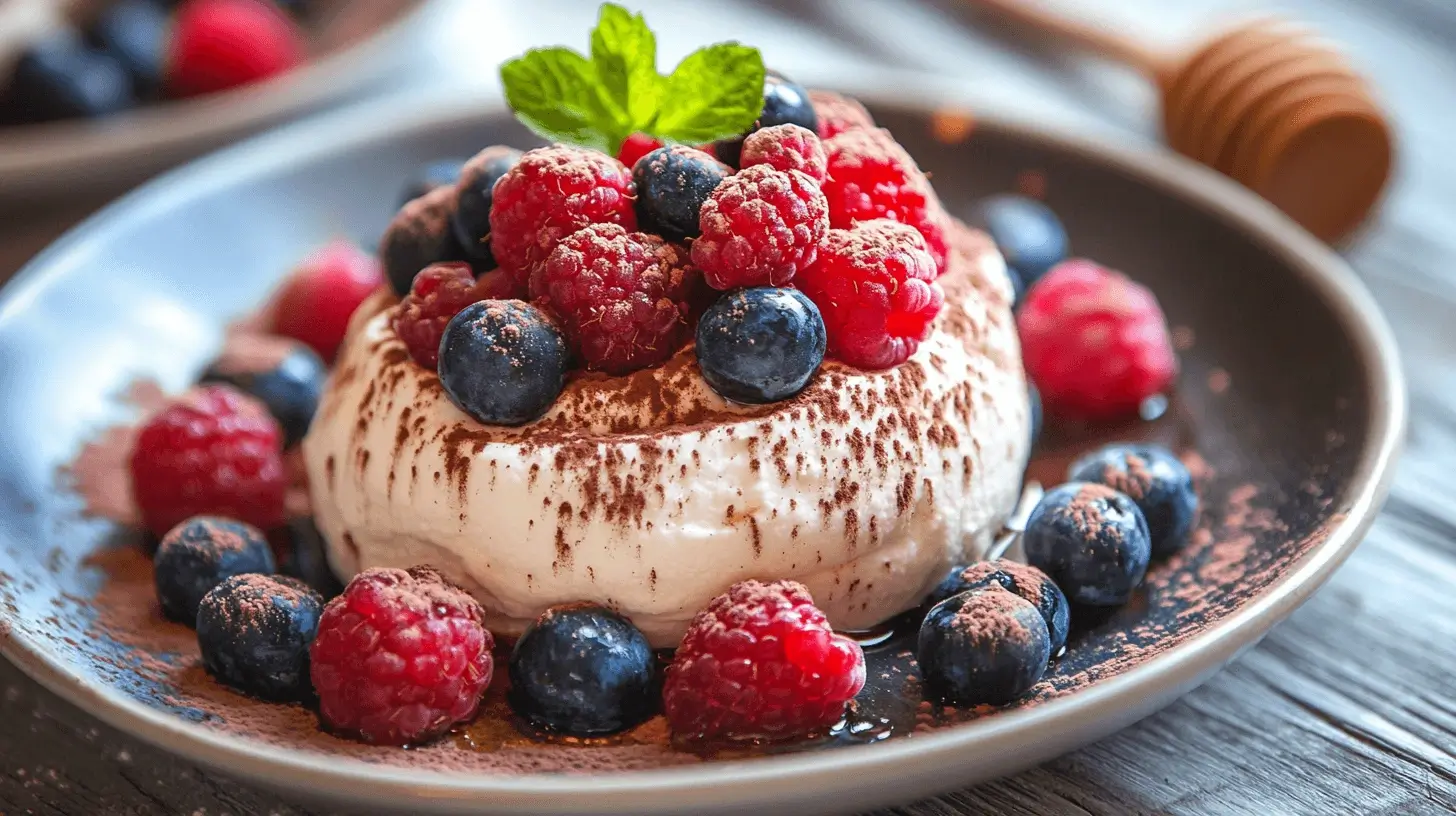 Delicious ricotta dessert topped with fresh berries, a sprinkle of cocoa powder, and a drizzle of honey.
