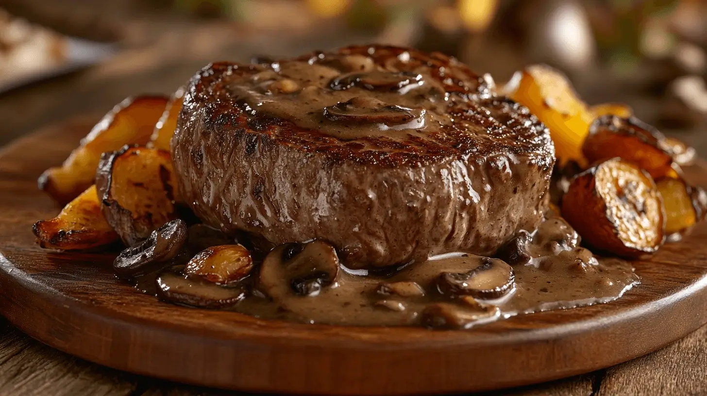 A delicious plate of venison cube steak, seared to perfection with a golden-brown crust, served with sautéed mushrooms, creamy gravy, and roasted root vegetables.