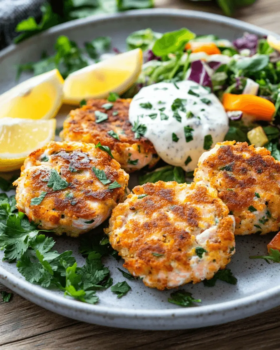 Golden-brown salmon cakes made with canned salmon, garnished with fresh herbs.