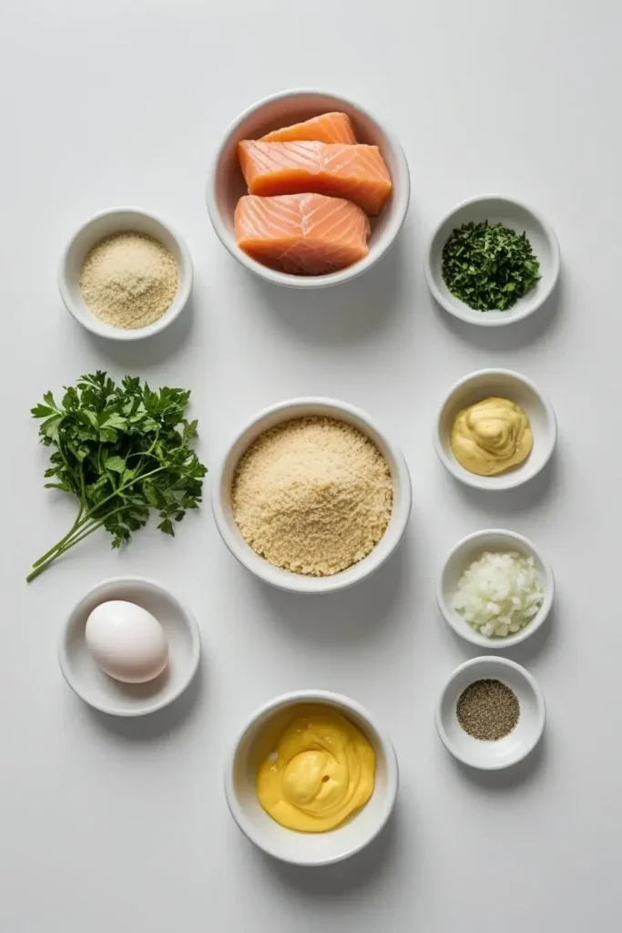 Ingredients for salmon cakes with canned salmon, including canned salmon, breadcrumbs, egg, herbs, and spices.