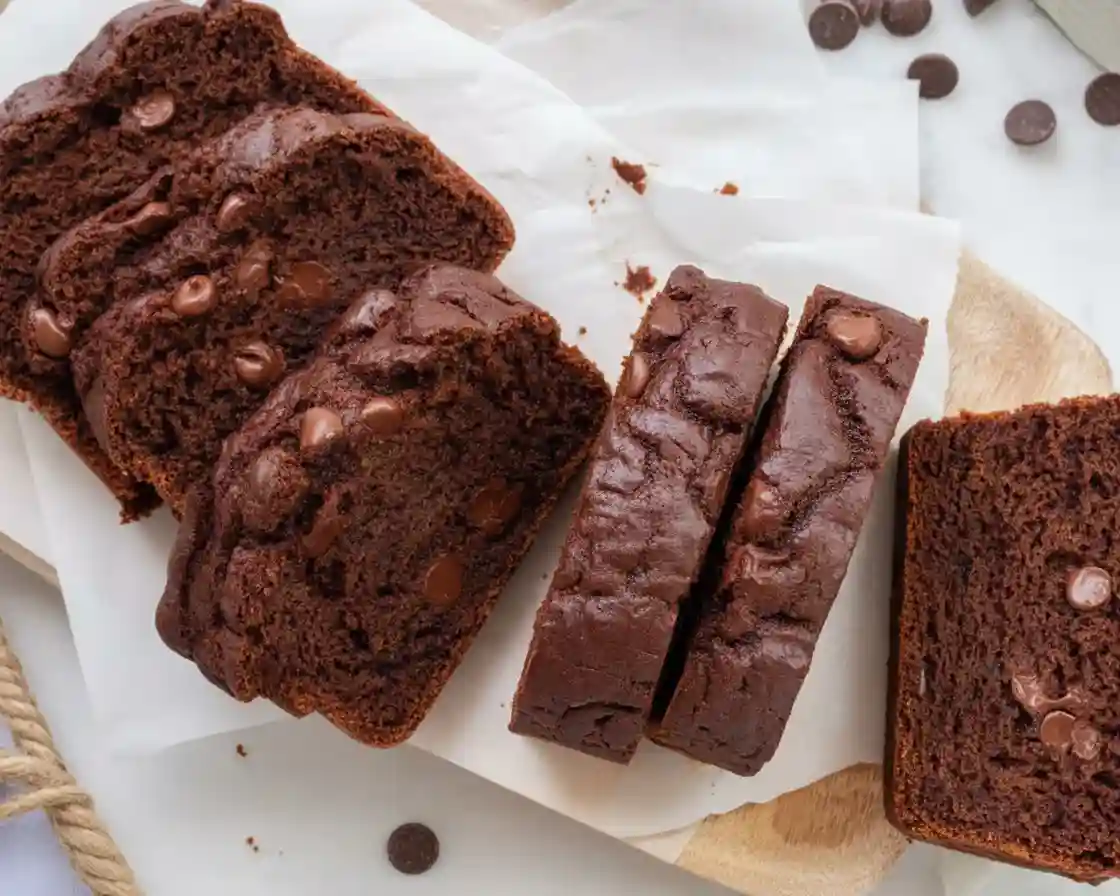 Deliciously moist Chocolate Zucchini Bread with chocolate chips and shredded zucchini.